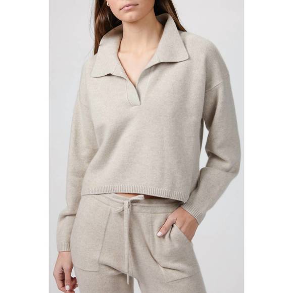 NEW NAADAM cropped v neck polo sweater in oatmeal - Picture 1 of 2